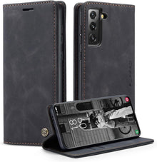Handyhülle Samsung Galaxy S21 5G Leder Schwarz Magnet Standfunktion