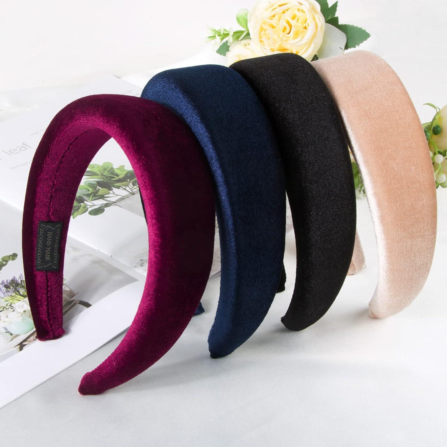 4Stk. Gepolstert Samt Stirnbänder Haarreif Damen Mädchen Schwarz Blau Rot Skin