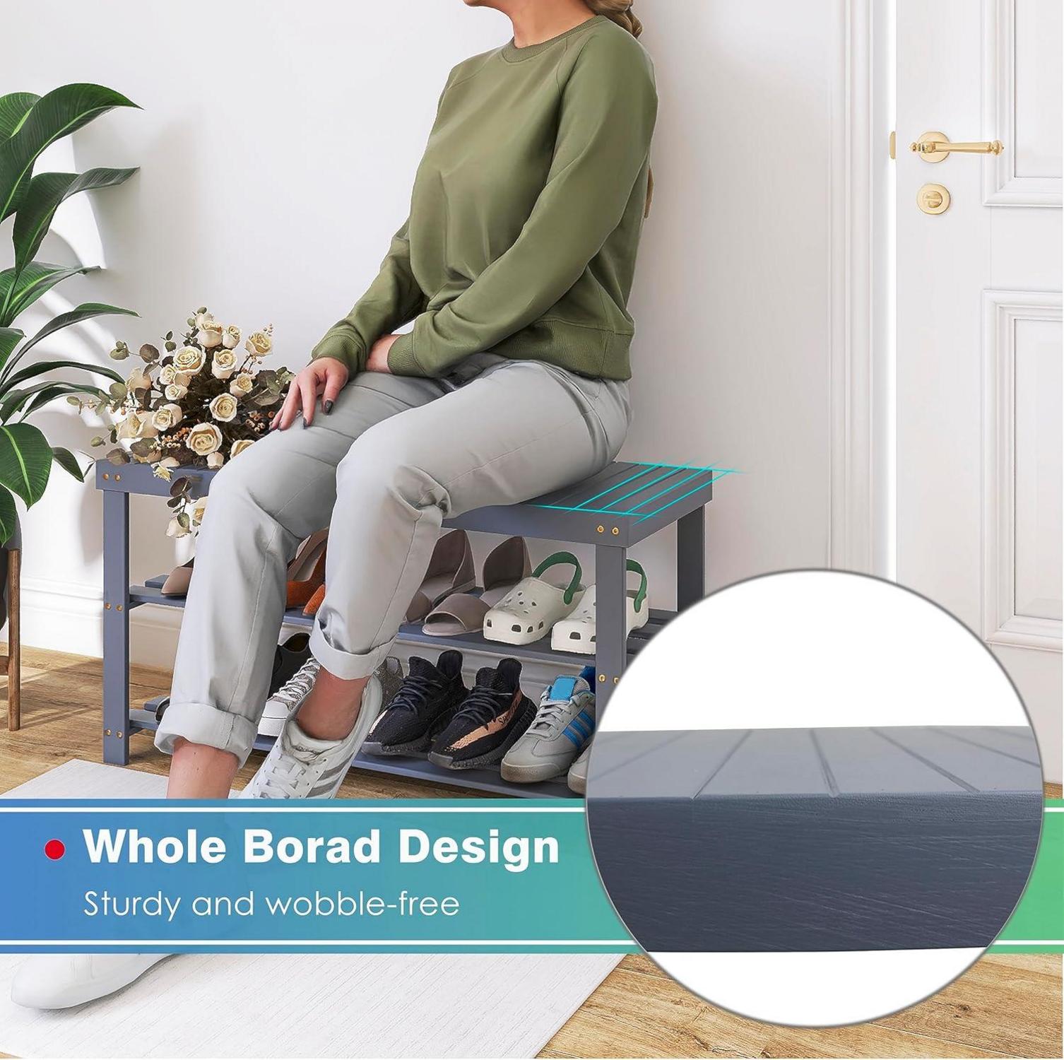 Schuhbank Bambus Schuhregal Sitzbank Standregal 3 Ablagen Grau 86 x 28.5 x 45.5