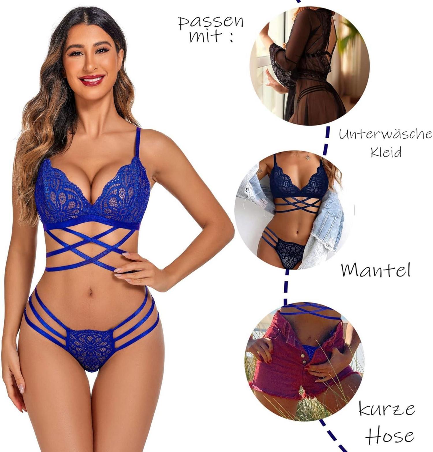 Avidlove Spitzen Dessous Set BH Slip Reizwäsche Frauen XS Blau