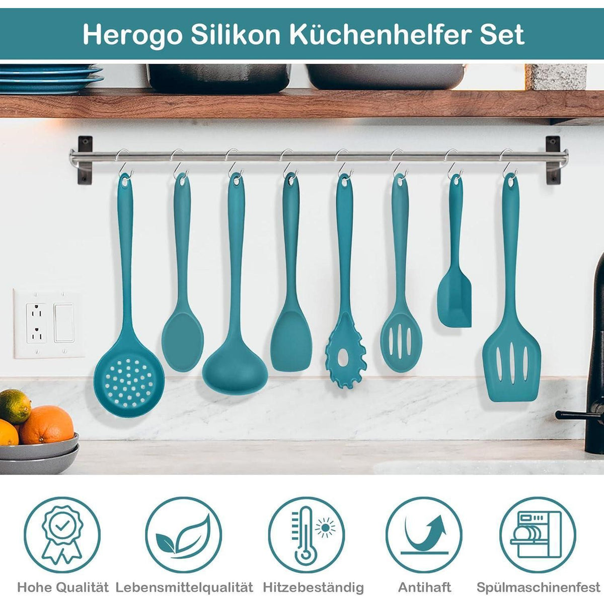 8-teiliges Silikon Küchenhelfer Set, Hitzebeständig, Dunkelblau