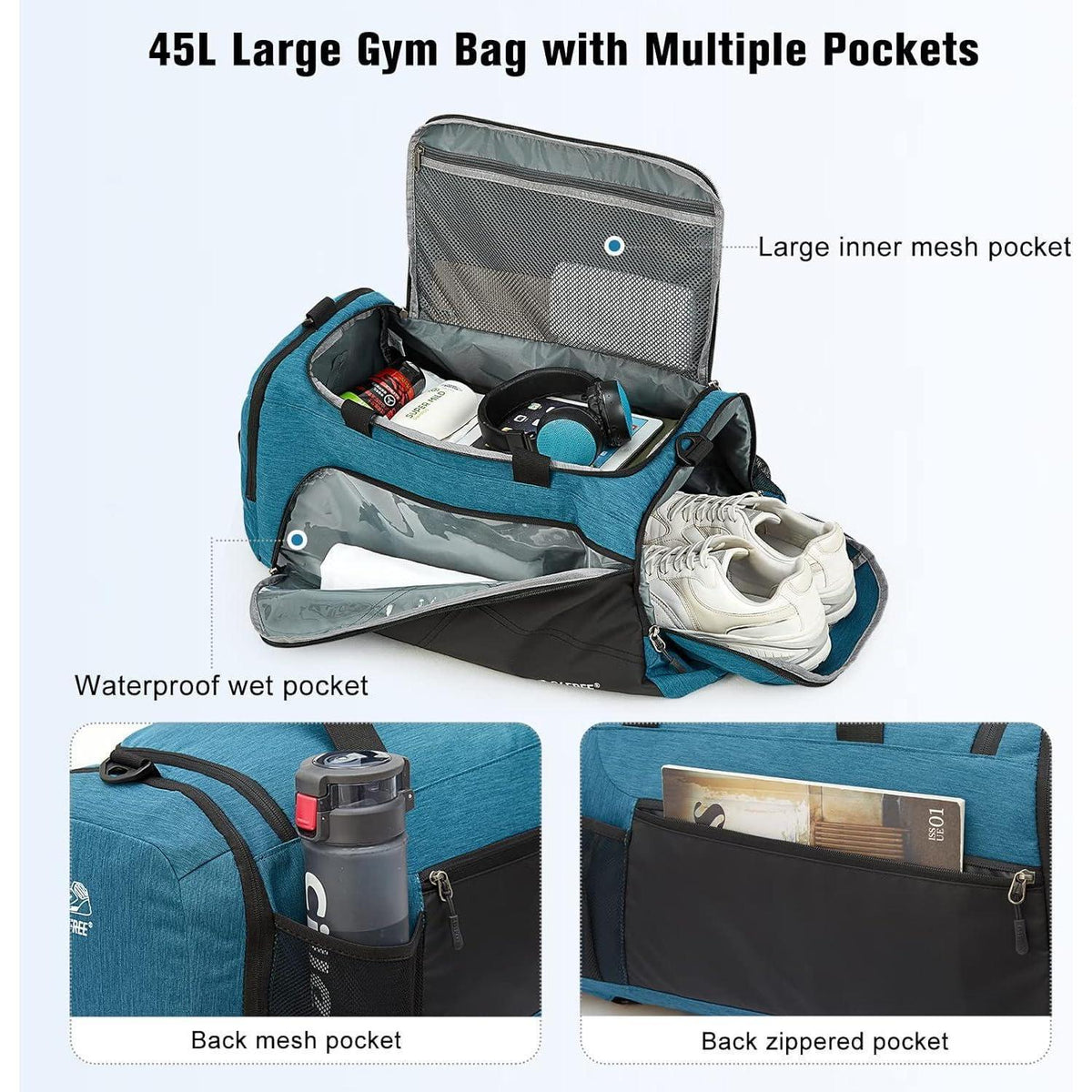 Reise-Sporttasche 45L mit Nassfach und Schuhfach, Blau