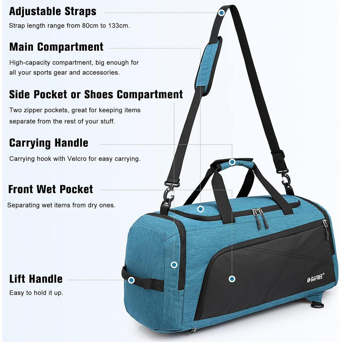 Reise-Sporttasche 45L mit Nassfach und Schuhfach, Blau