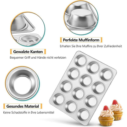 Edelstahl Muffinform 12-Loch für Muffins, Cupcakes & Kuchen