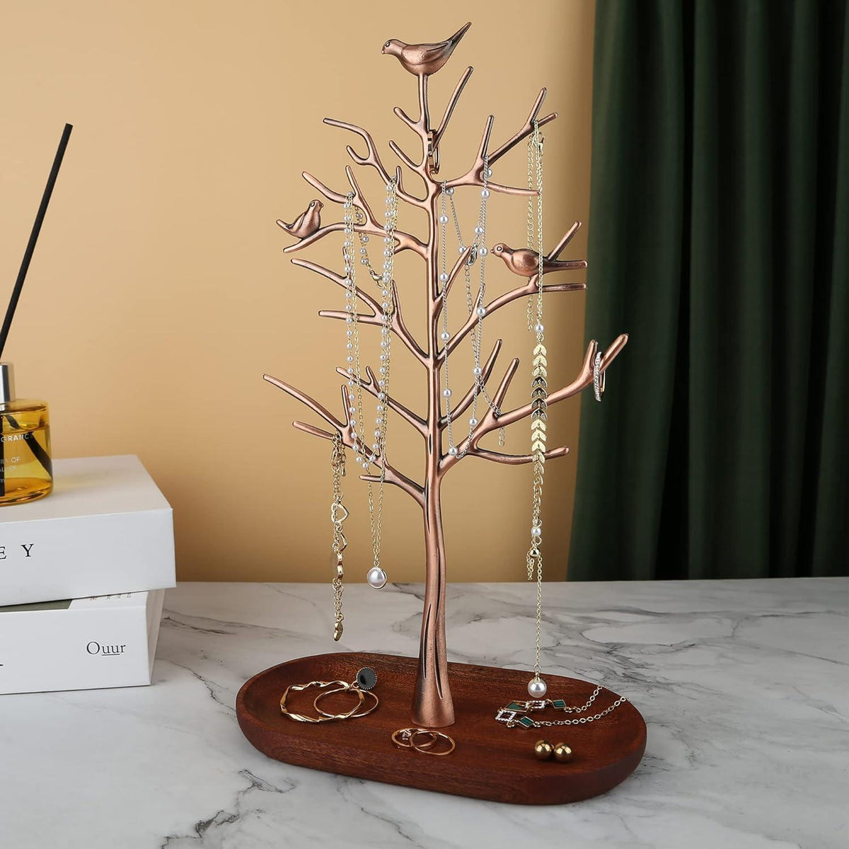Schmuckständer Baum mit Holztablett Antik Kupfer