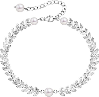 Fußkettchen mit bunten Zirkonia, verstellbar 22/27cm, Blatt Perle