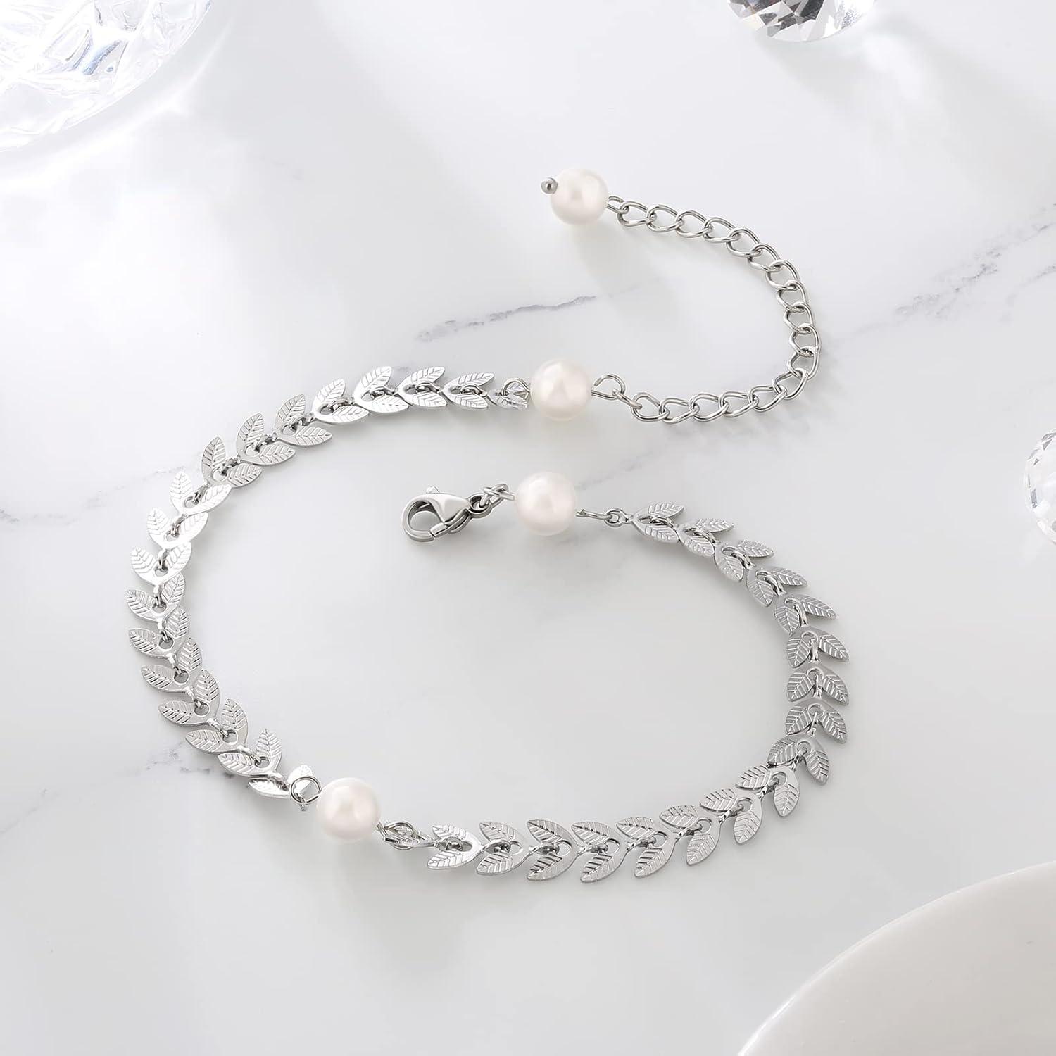 KRKC&CO Damen Fußkettchen 4mm Zirkonia Perle verstellbar 22/27cm Silber
