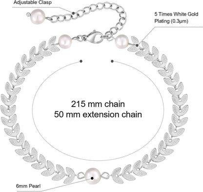 Damen Fußkettchen 4mm Zirkonia Fischgrätkette vergoldet 22/27cm 6mm Perle