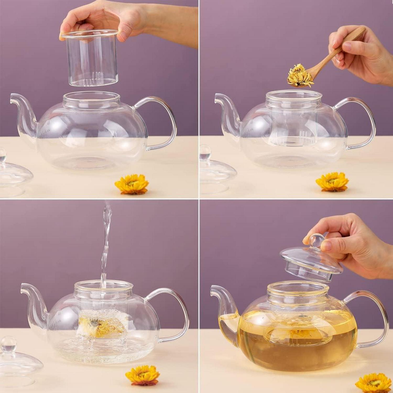 Glas Teekanne 1000 ml mit Teesieb, 4 Teetassen & mikrowellenfester