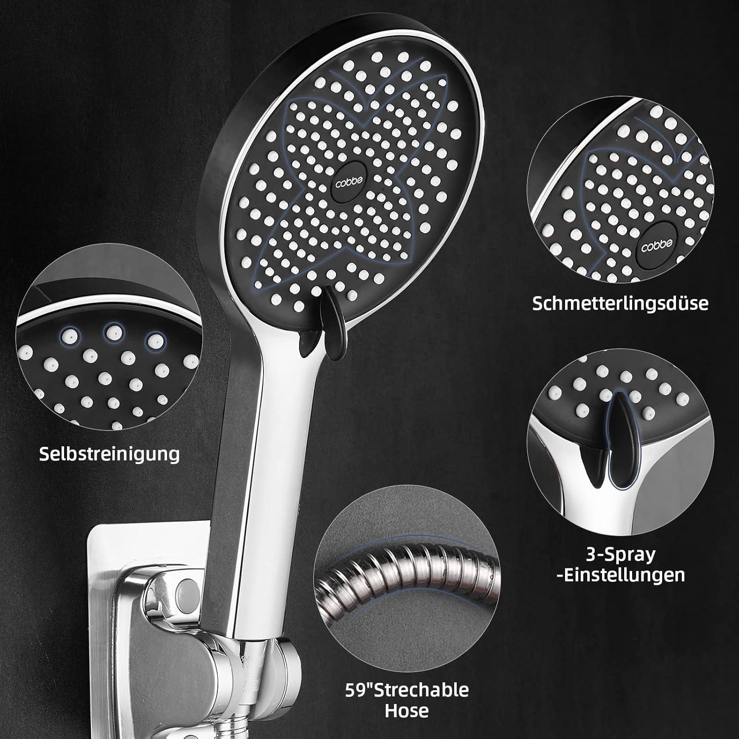 Wassersparender Duschkopf mit 3 Strahlarten Regendusche Schwarz