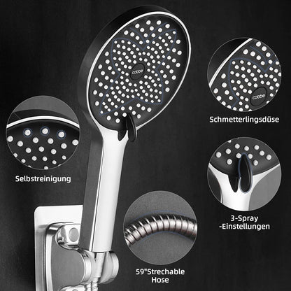 Wassersparender Duschkopf mit 3 Strahlarten Regendusche Schwarz