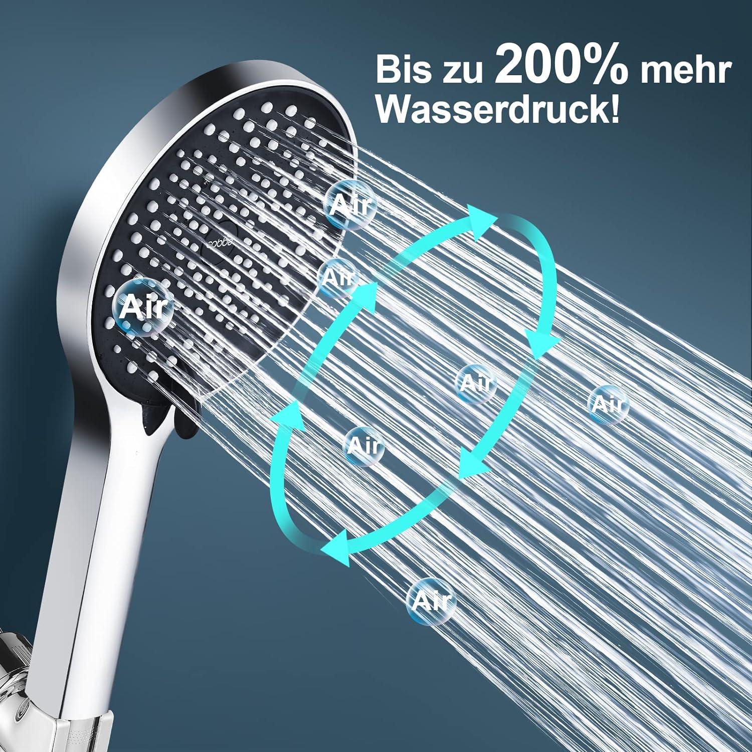 Wassersparender Duschkopf mit 3 Strahlarten, Groß, Schwarz/Chrom