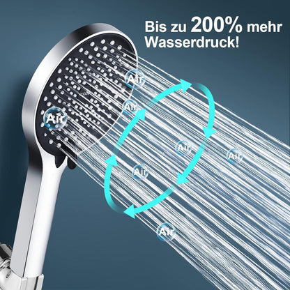 Wassersparender Duschkopf mit 3 Strahlarten, Groß, Schwarz/Chrom