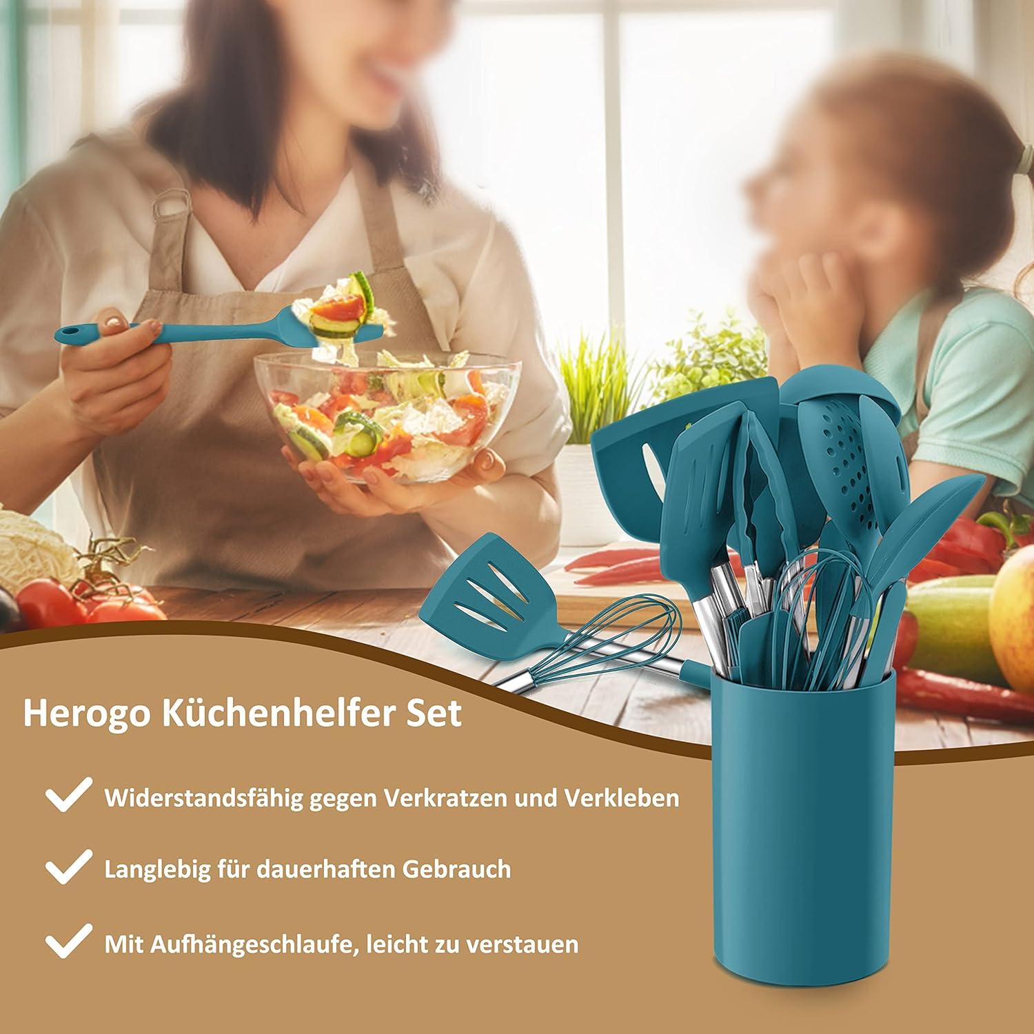 Küchenutensilien Set 15-teilig Silikon Antihaft Hitzebeständig Edelstahl Blau