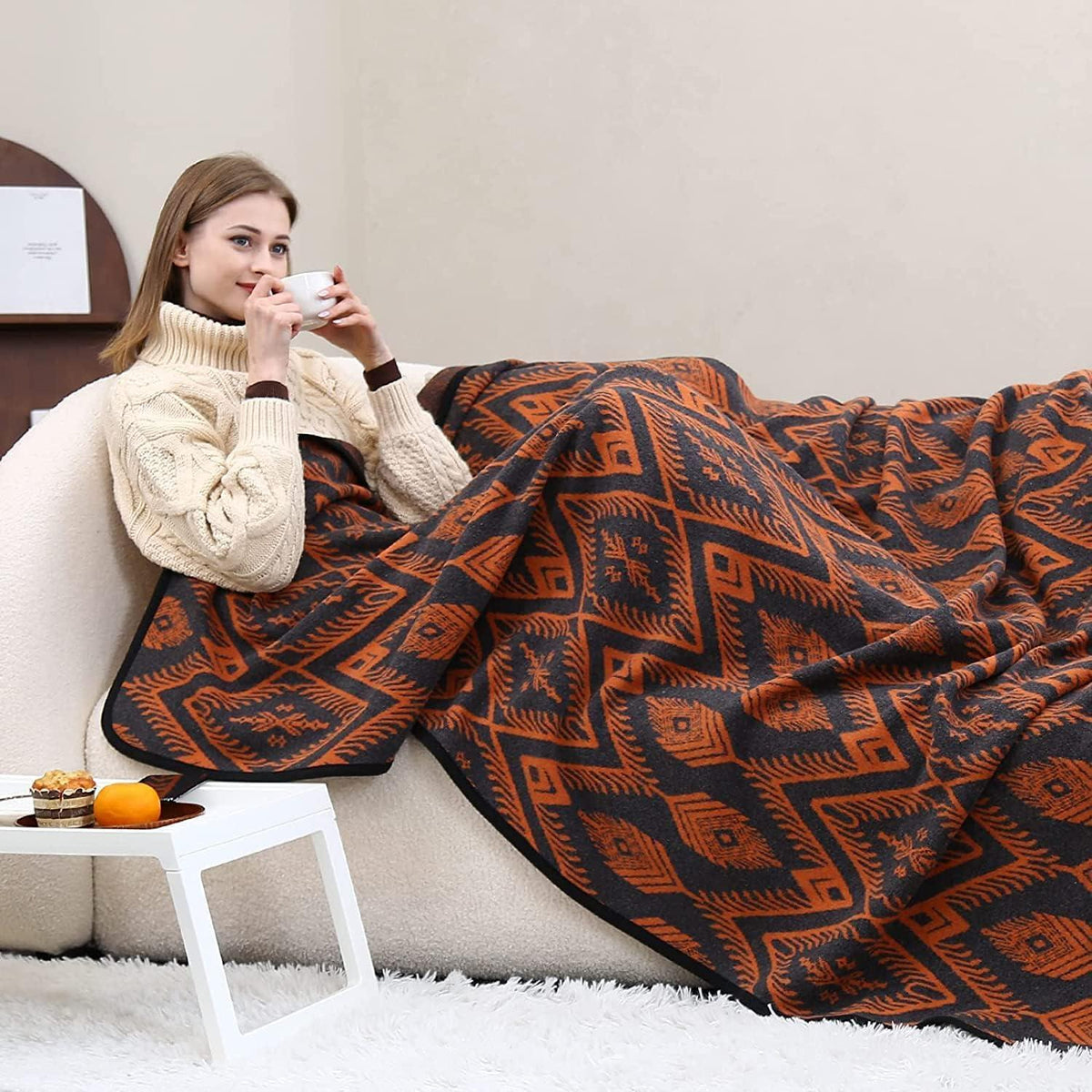 Merinowoll Decke Boho Orange 160x220 cm - Kuscheldecke für Zuhause & Outdoor