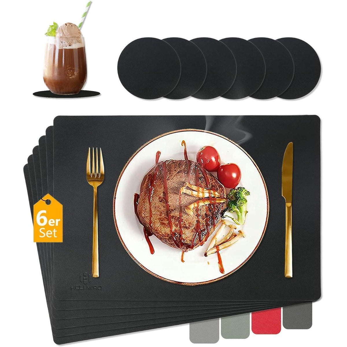 Abwaschbare Tischsets 6er Set mit Untersetzern Schwarz in Lederoptik