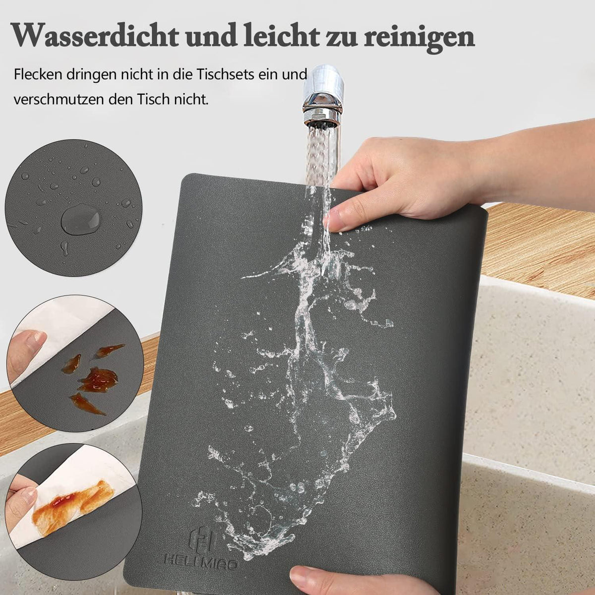 Abwaschbare Tischsets 6er Set mit Untersetzern Schwarz in Lederoptik