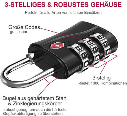 TSA Kofferschloss 3 Stellige Zahlenschloss Vorhängeschloss 4er Set