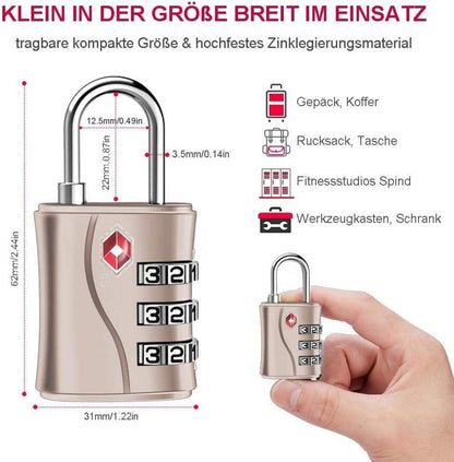 TSA Kofferschloss, Gepäckschloss, 3-stellig, Vorhängeschloss, Rreisekoffer, Tasche, Roségold
