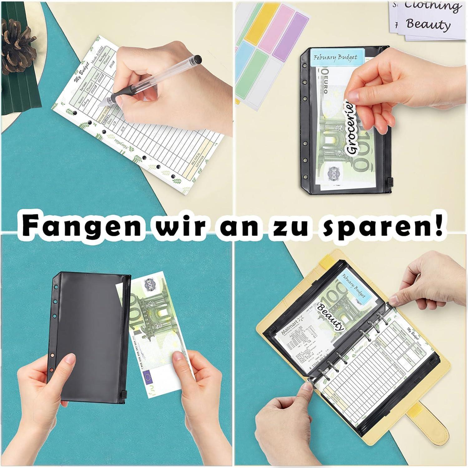 A6 Geld Organizer 6 Ringe Budgetplaner Kit Geldumschläge Etikett Champagner