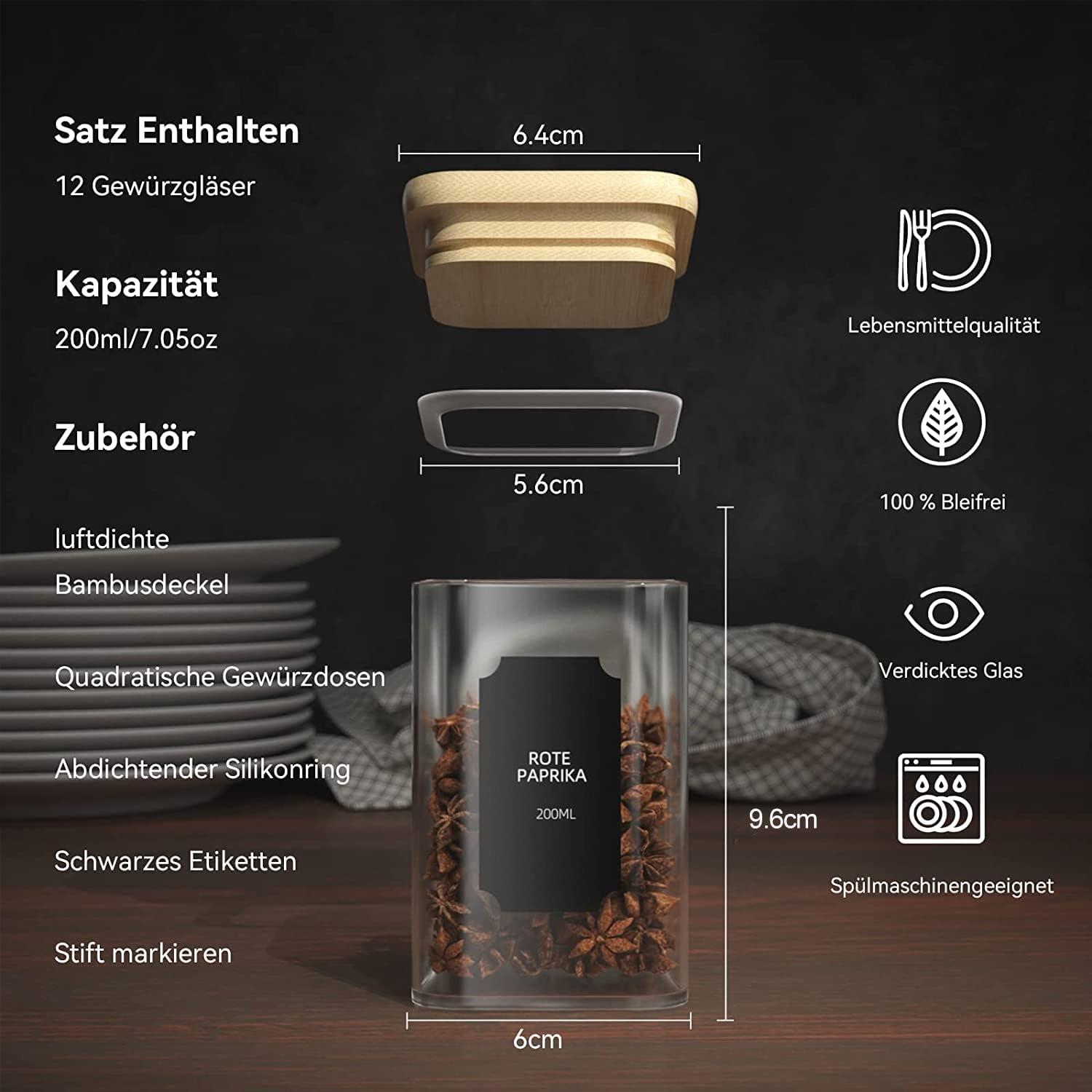 12 Gewürzgläser Set aus Glas mit Bambusdeckel & Etiketten