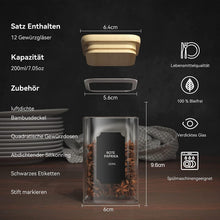 12 Gewürzgläser Set aus Glas mit Bambusdeckel & Etiketten