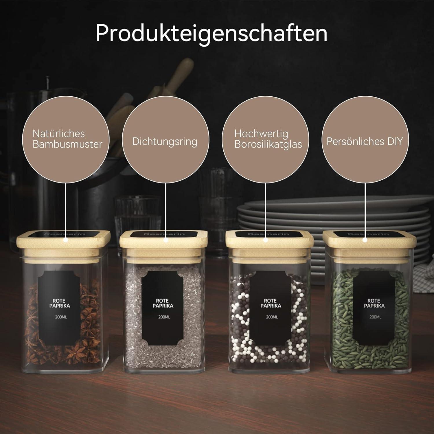 Gewürzgläser Set aus Glas mit Bambusdeckel - 12 x 200ml, Luftdicht Vorratsdosen mit Etiketten