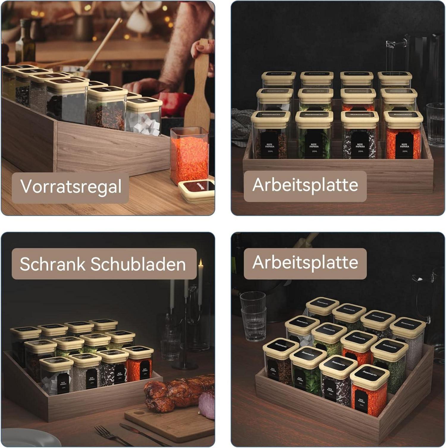 Gewürzgläser Set 12 x 200ml Eckig Glasbehälter Bambusdeckelluftdicht
