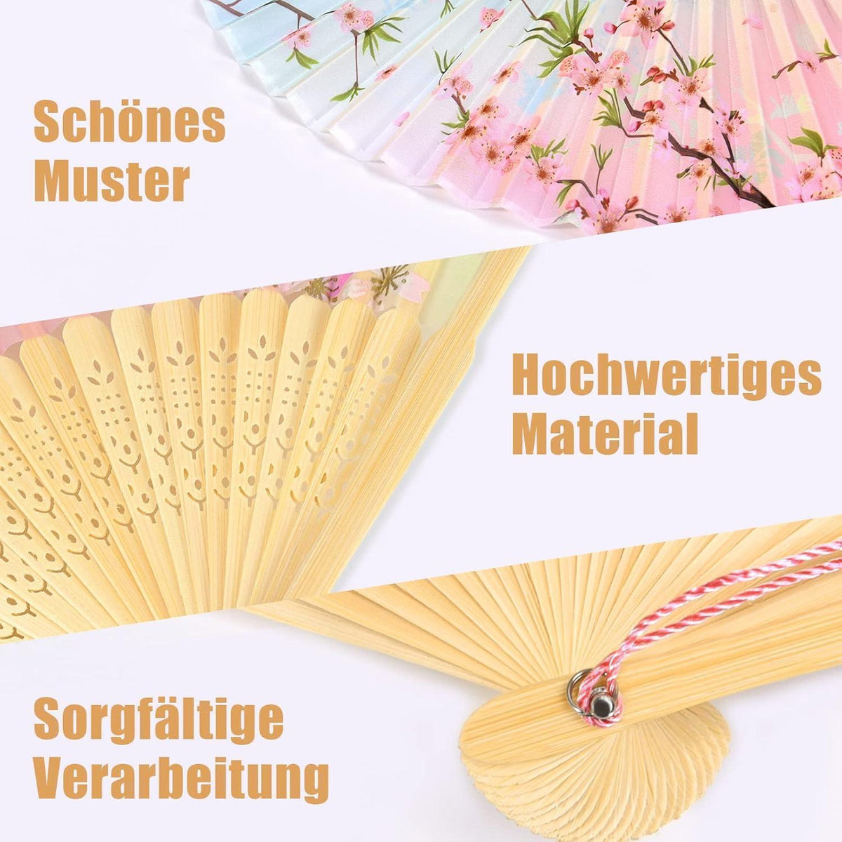 Handfächer Set für Hochzeiten & Partys – 4er Pack Bambus Seide mit Pflaumenmuster