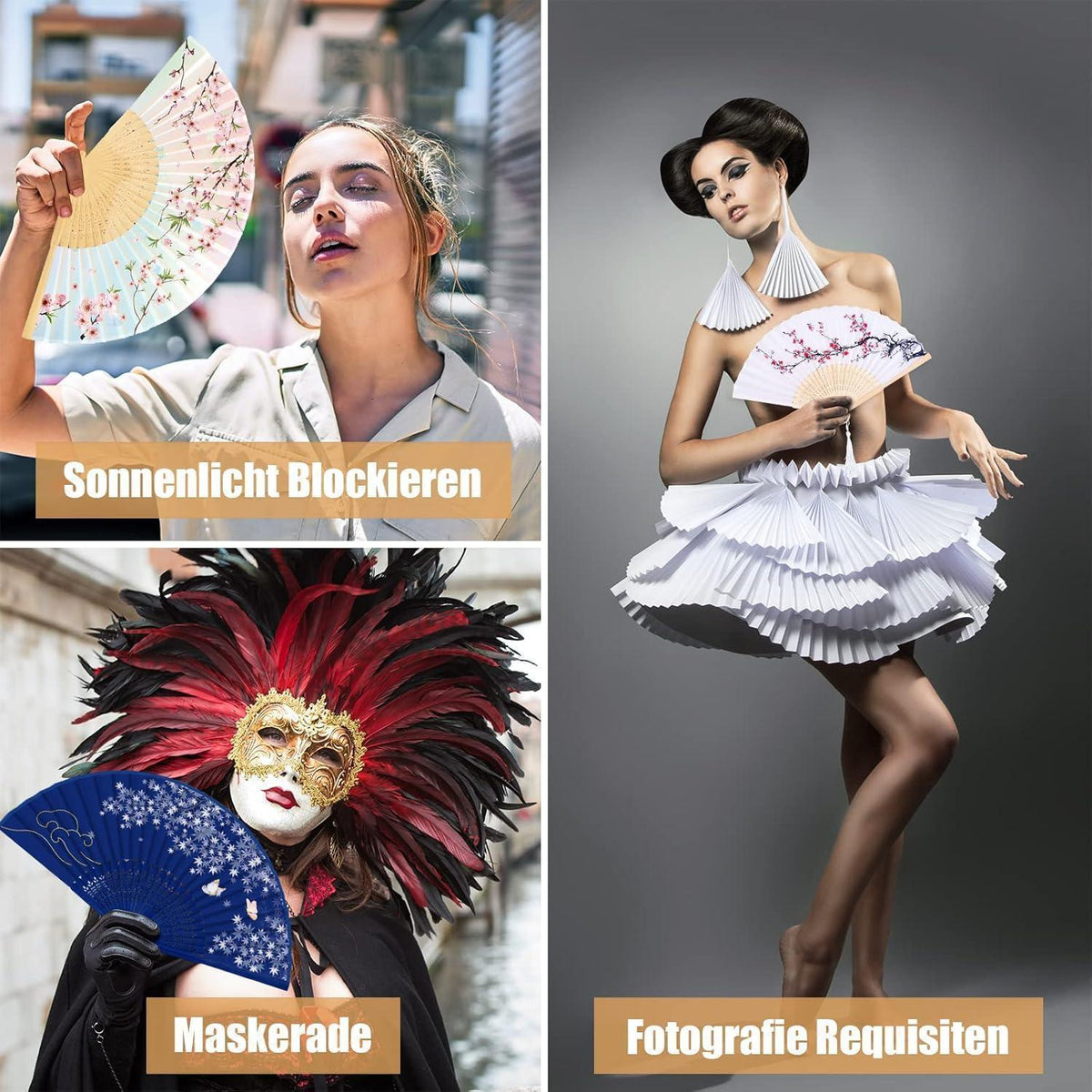 Handfächer Set für Hochzeiten & Partys – 4er Pack Bambus Seide mit Pflaumenmuster