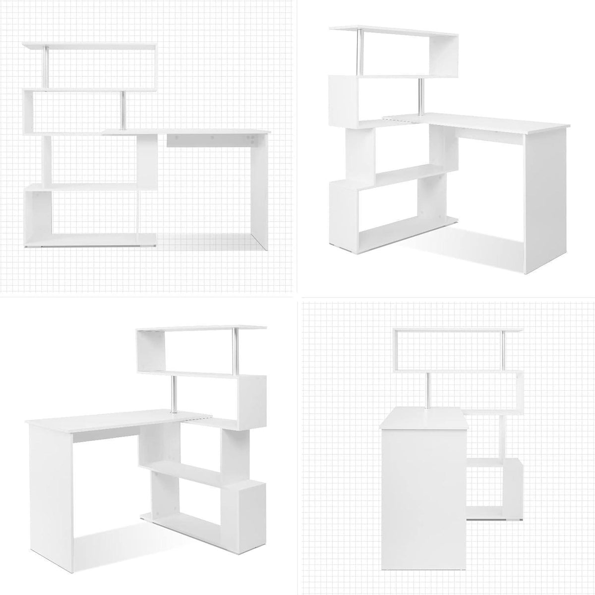 L-Schreibtisch mit drehbarem Bücherregal, Weiß