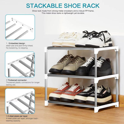 Weißes Schuhregal mit 3 Ebenen, Stapelbar, Metallrahmen, 44x28x35 cm