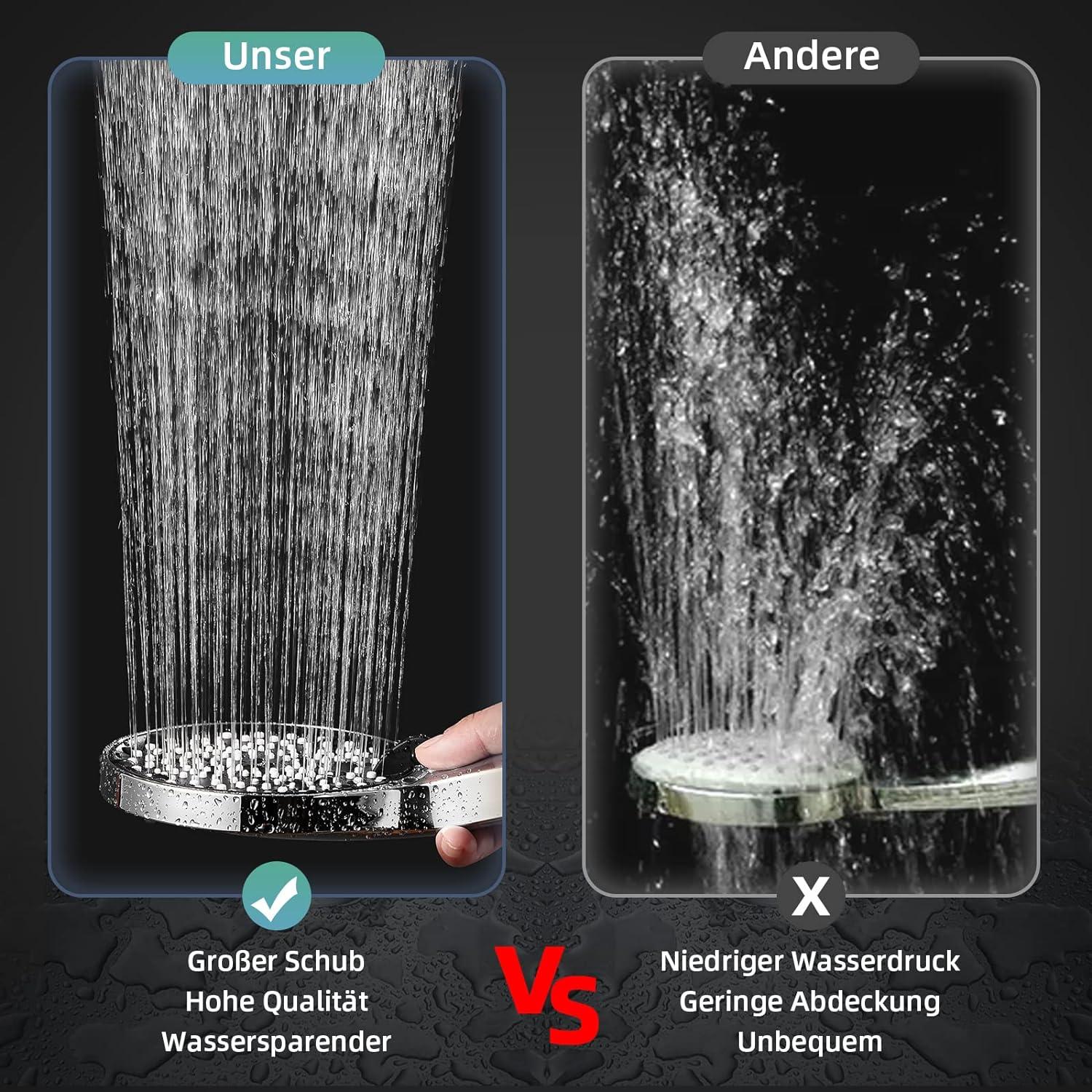 Wassersparender Duschkopf mit Schlauch 3 Strahlarten Schwarz Chrom