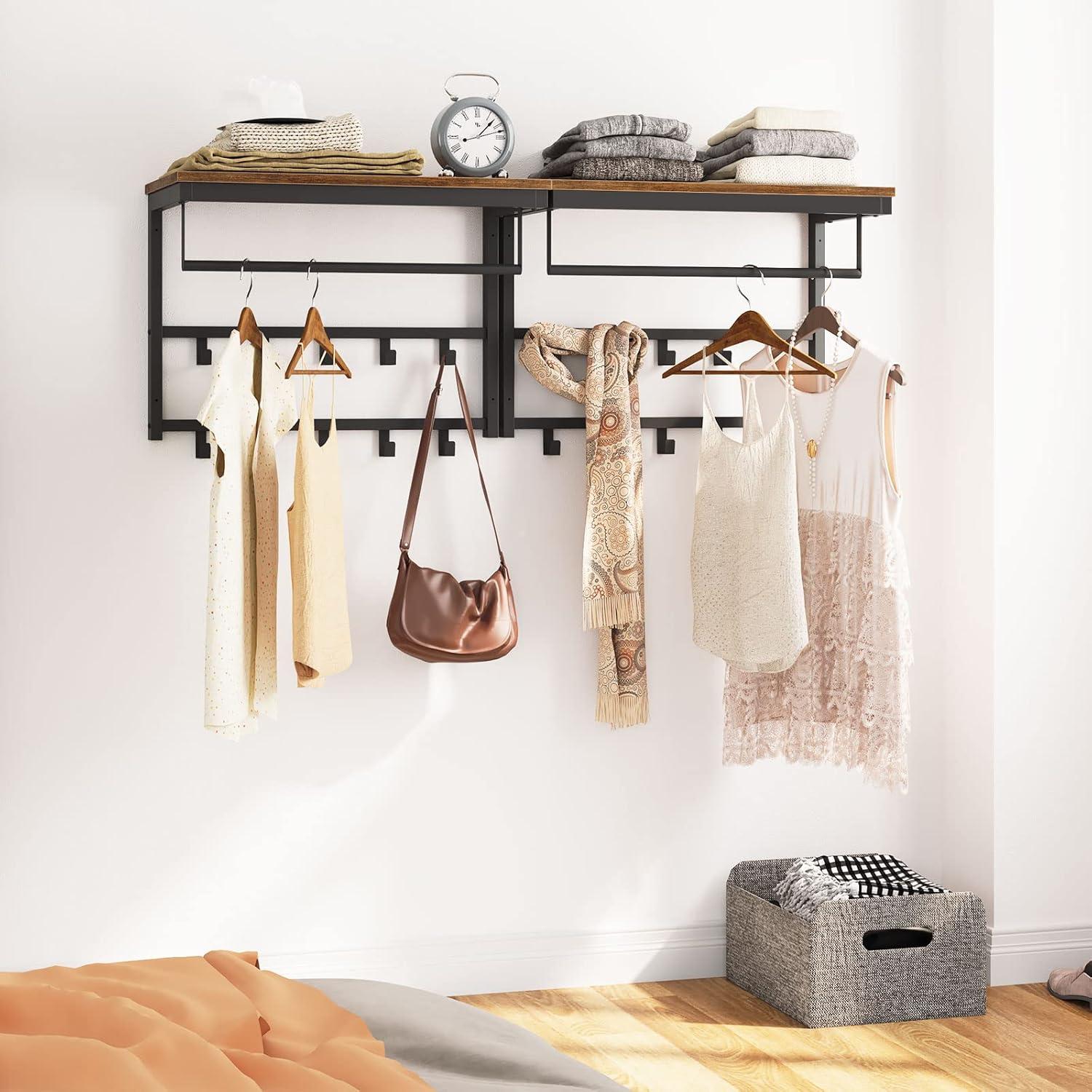 Wandgarderobe mit Ablage und 10 Haken, Industriestil, 60 x 30 x 42 cm, Dunkelbraun/Schwarz