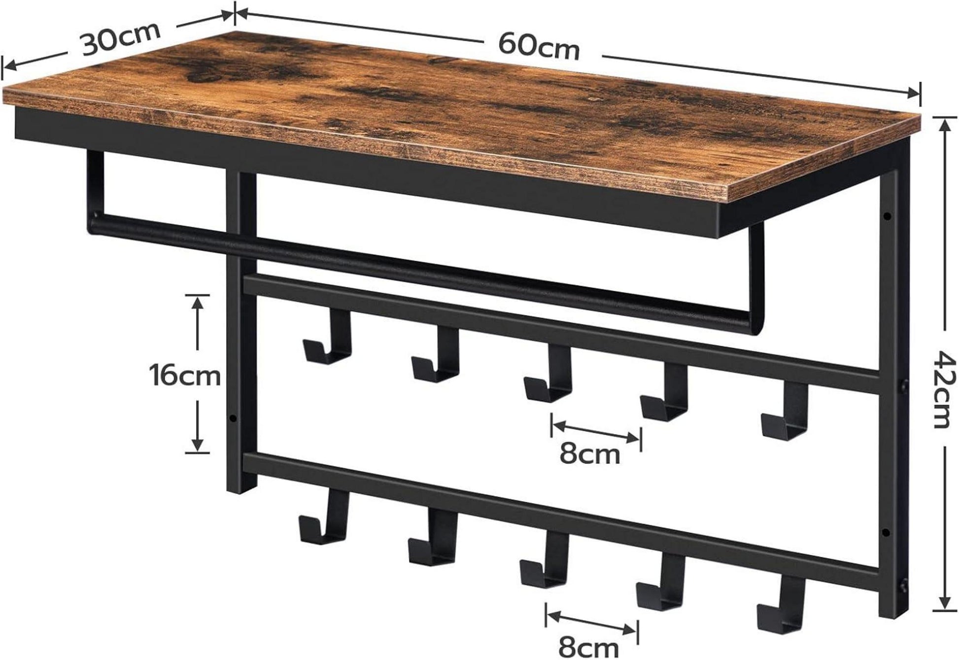 Wandgarderobe mit Ablage und 10 Haken, Industriestil, 60 x 30 cm, Dunkelbraun