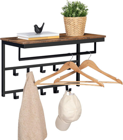 Wandgarderobe mit Ablage und 10 Haken, Industriestil, 60 x 30 x 42 cm, Dunkelbraun/Schwarz