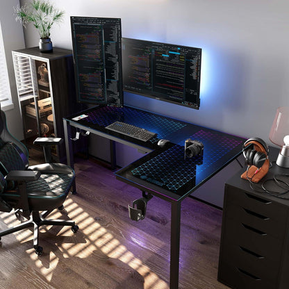 Glas Gaming Tisch 152x102 cm LED RGB Eckschreibtisch APP
