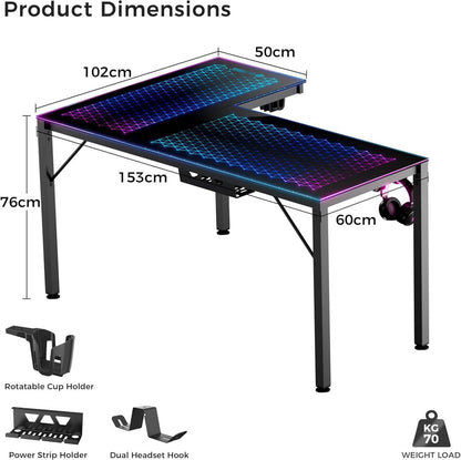 Gaming Eckschreibtisch Glas LED RGB 152x102 cm Musik Sync APP