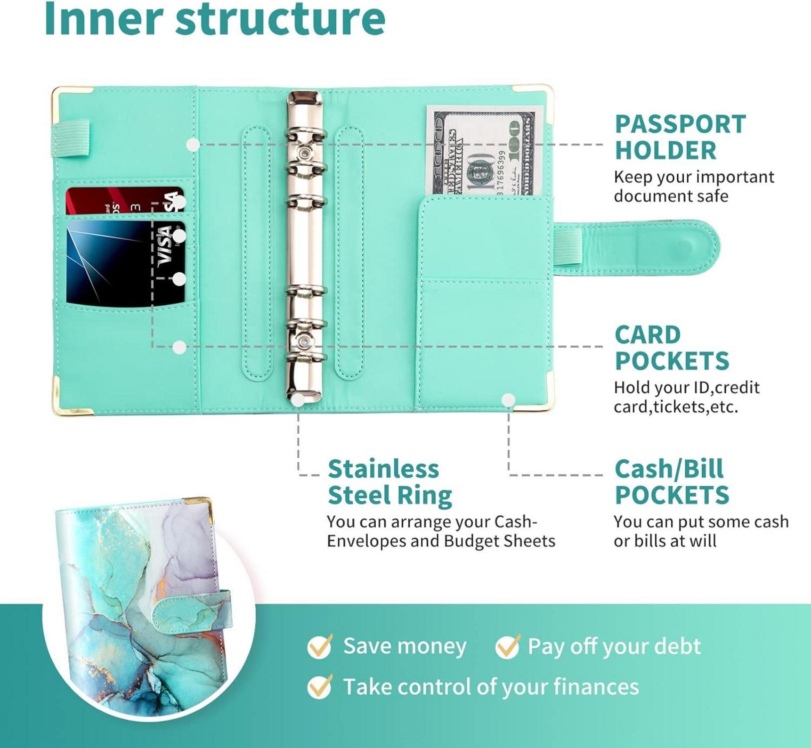 Budget Binder A6 Marmor PU Leder Geld Organizer mit 8 Reißverschluss