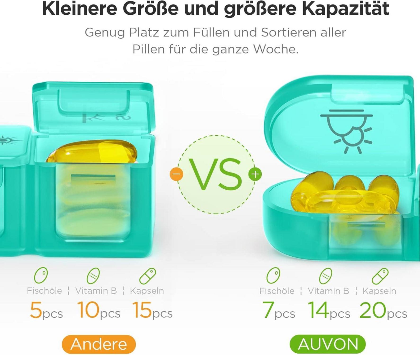 AUVON Pillendose 7 Tage 3 Fächer Tablettenbox Cyan