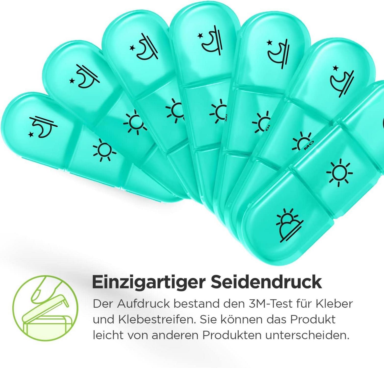 Pillendose 7 Tage tragbare Tablettenbox große Fächer Cyan BPA frei