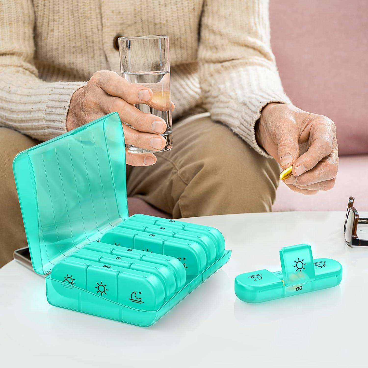 Pillendose 7 Tage tragbare Tablettenbox große Fächer Cyan BPA frei