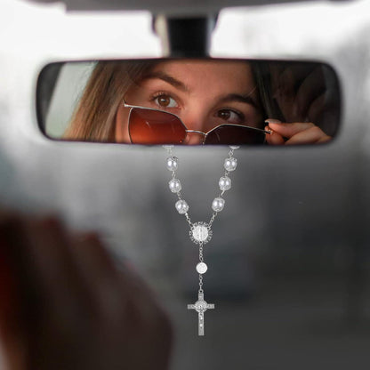 Auto Rosenkranz 2er Set – Kreuz Anhänger für Rückspiegel