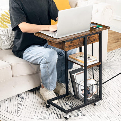 Beistelltisch mit Ladestation C-Form Sofatisch Dunkelbraun Schwarz
