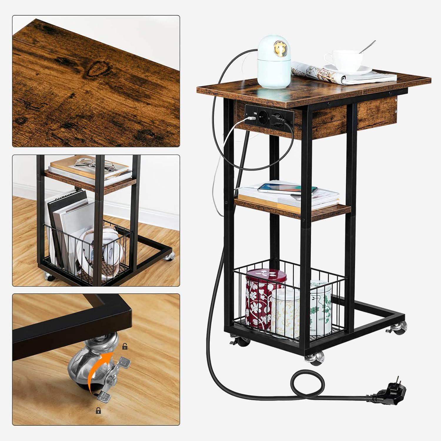 Beistelltisch mit Ladestation C-Form Sofatisch Dunkelbraun Schwarz
