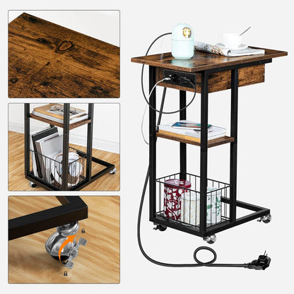 Beistelltisch mit Ladestation C-Form Sofatisch Dunkelbraun Schwarz