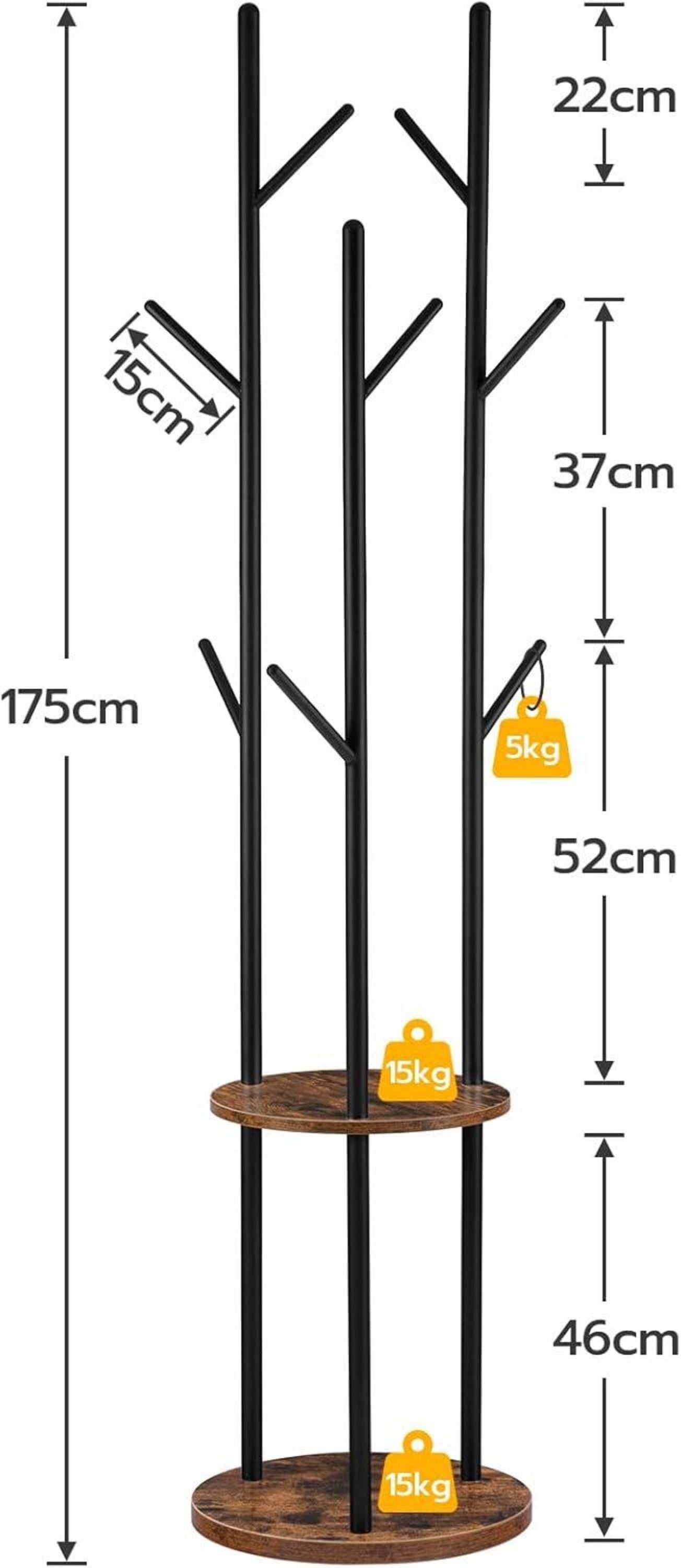 Freistehender Garderobenständer Baumform 8 Haken 2 Ablagen dunkelbraun/schwarz