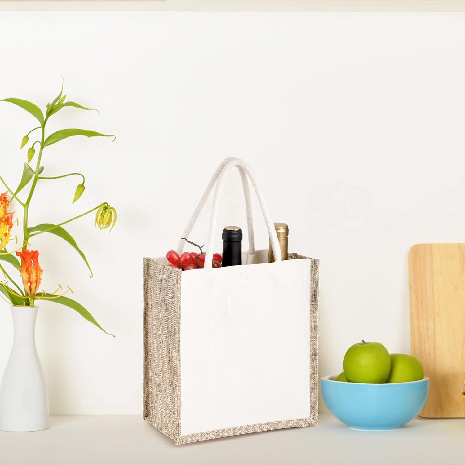 6er Set Jute-Tragetaschen mit Griffen, wiederverwendbar, mittelgroß, beige