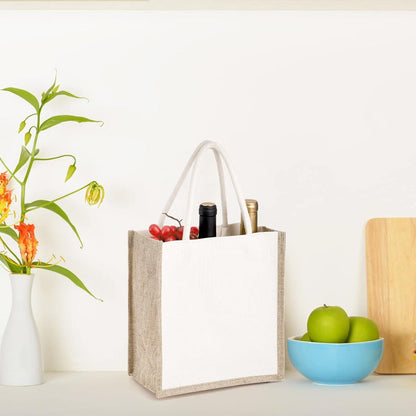 6er Set Jute-Tragetaschen mit Griffen, wiederverwendbar, mittelgroß, beige