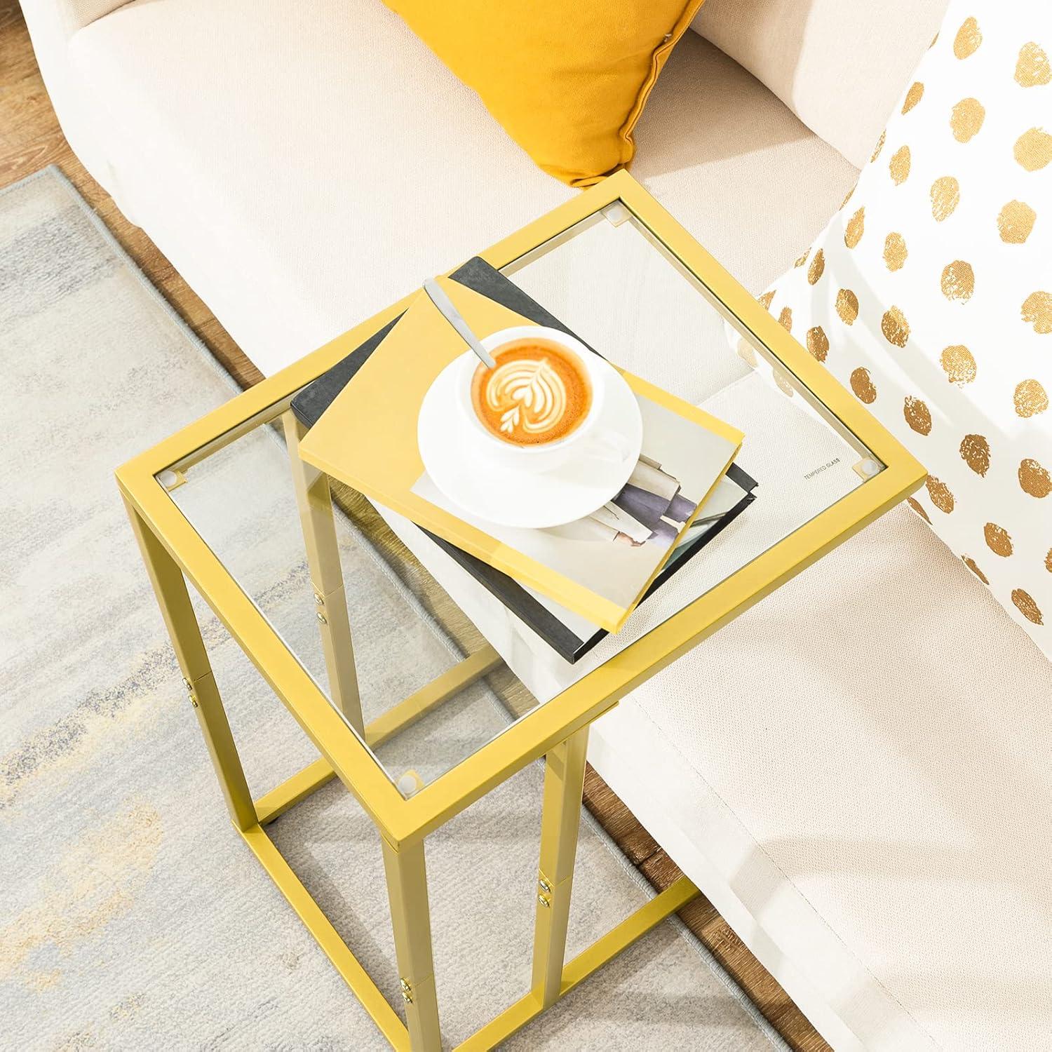 HOOBRO C-Form Beistelltisch Goldglas Metallrahmen Couchtisch Nachttisch flexibel Home Office